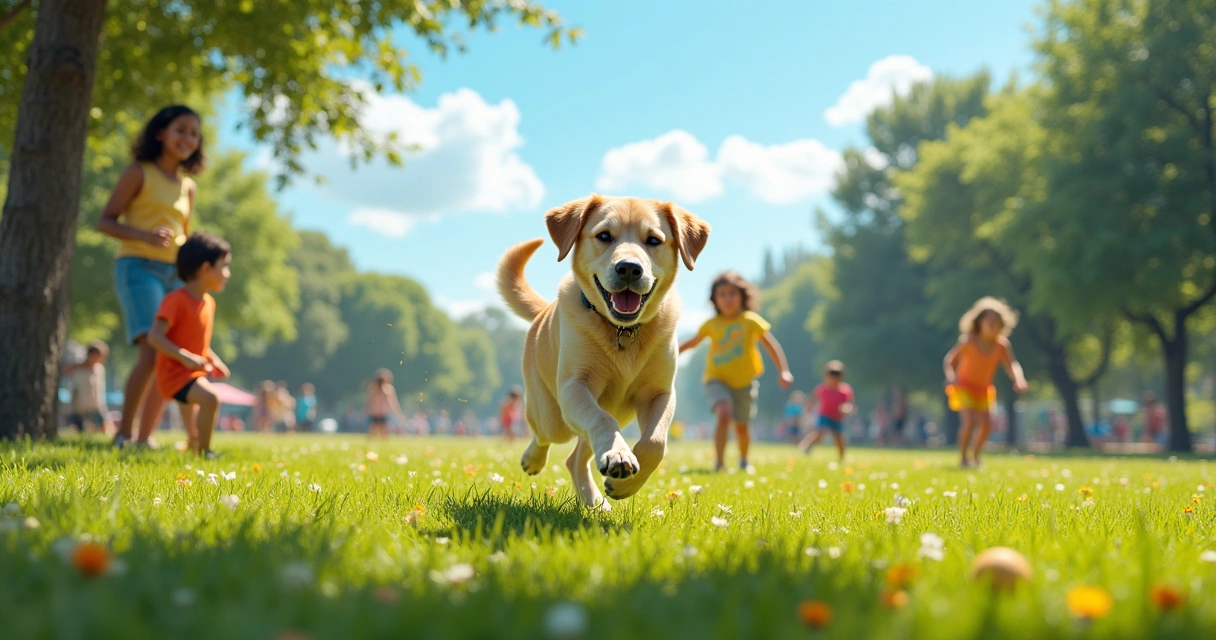 Um cachorro Labrador dourado brincando em um parque ensolarado, com nomes artísticos em uma placa ao fundo.