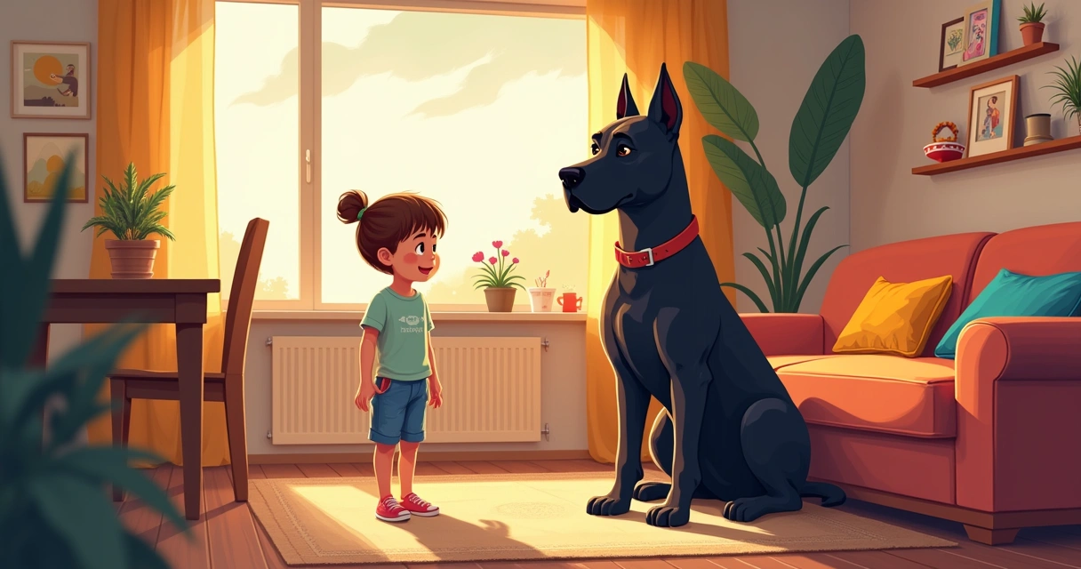 Ilustração de um Cane Corso ao lado de uma criança em um ambiente familiar acolhedor, com luz natural.