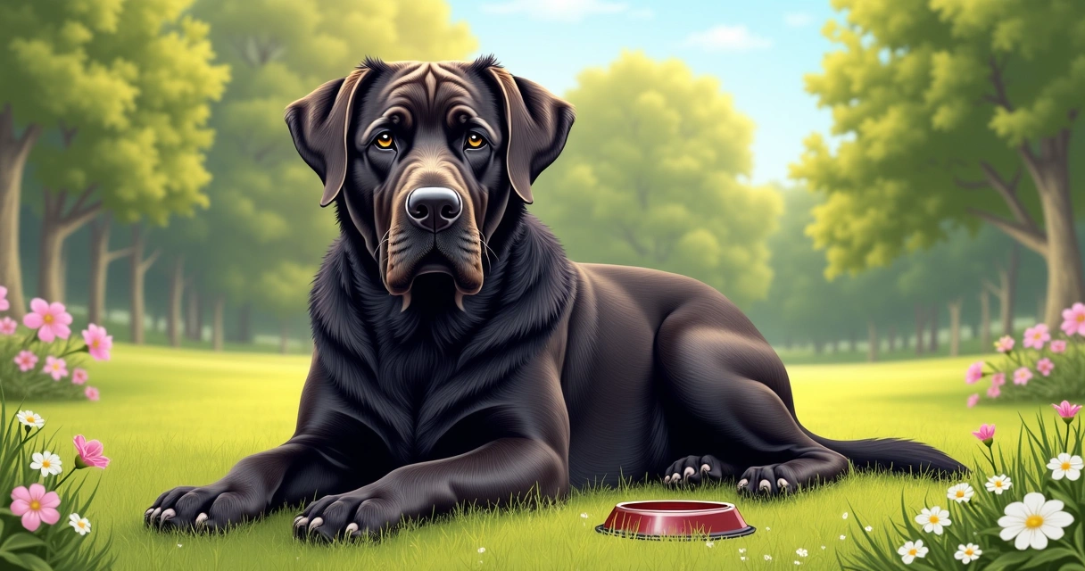 Cachorro Cane Corso saudável em um campo com ferramentas de cuidado e alimentação ao redor.