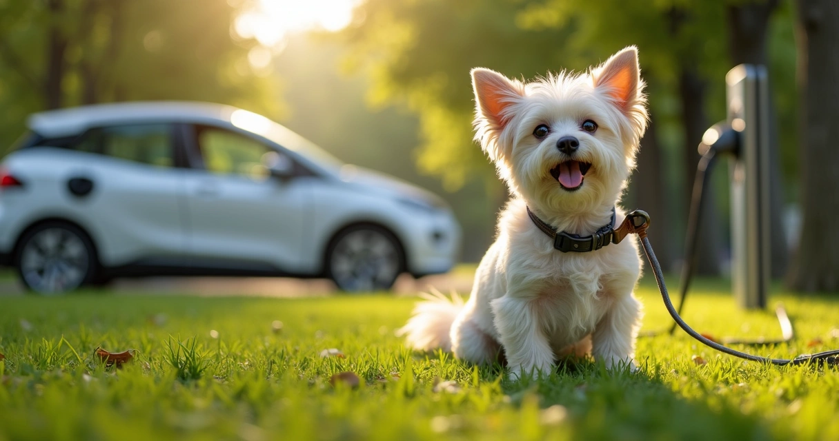 Cachorro em pausa em parque, carro elétrico ao fundo 