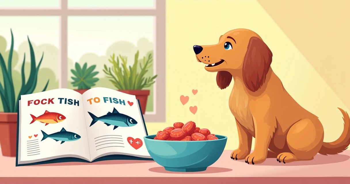 Um cachorro ao lado de um prato com peixe cozido em uma cozinha iluminada e alegre.