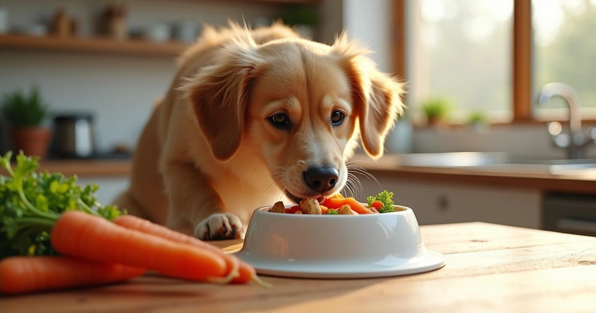 Cachorro comendo comida natural fresca em uma tigela branca 