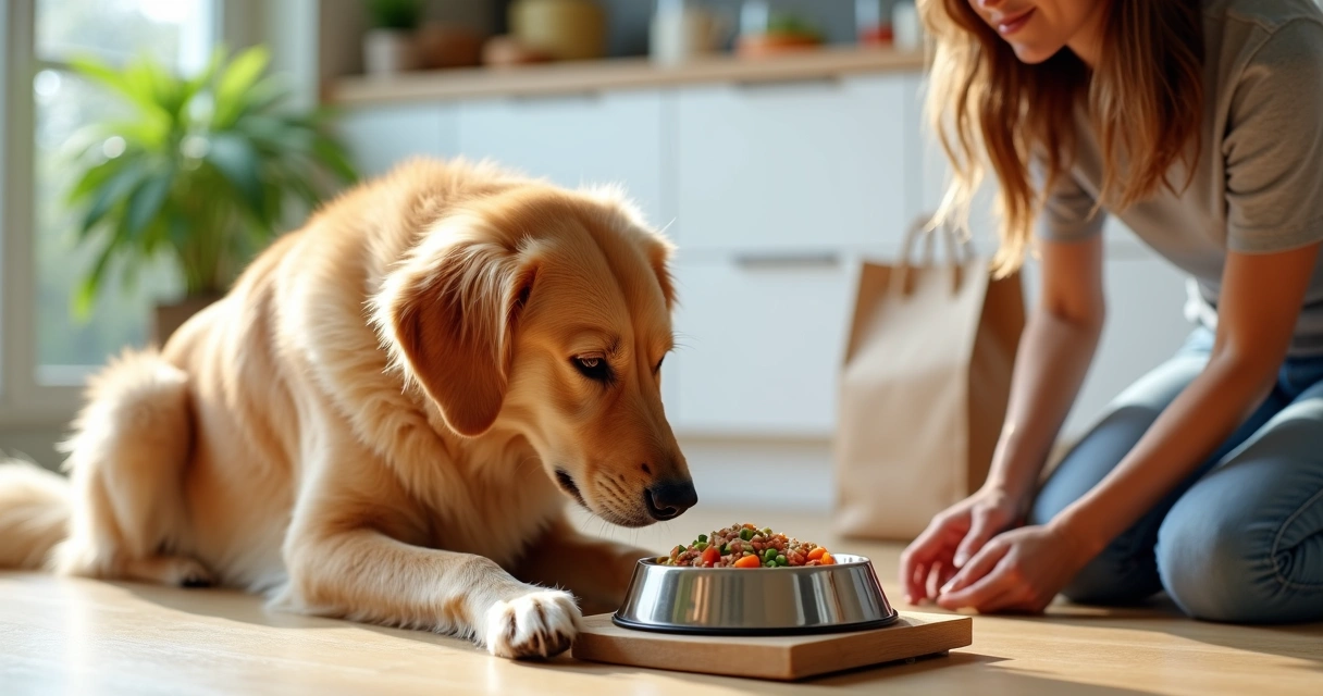 Cachorro comendo comida natural em tigela ao lado de tutora na cozinha 