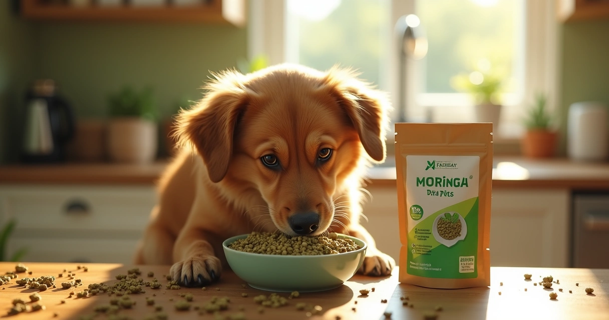 Cachorro comendo ração com moringa