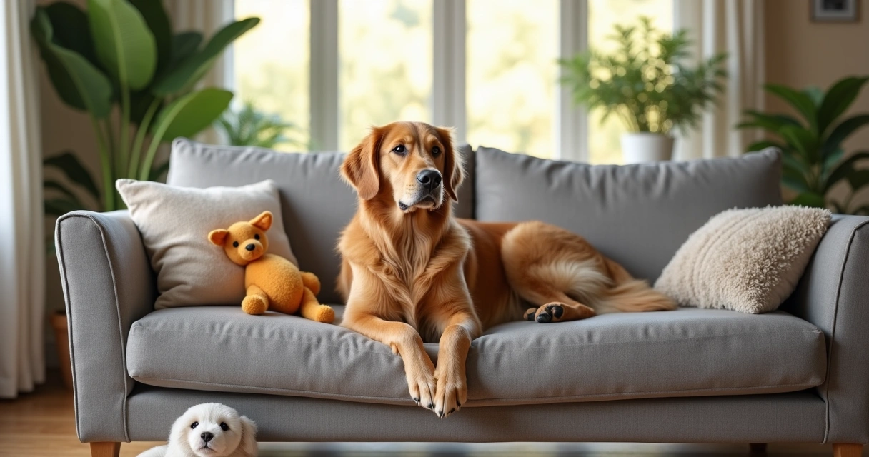 Cão relaxado em cima de um sofá confortável, ambiente familiar, interior de uma casa moderna