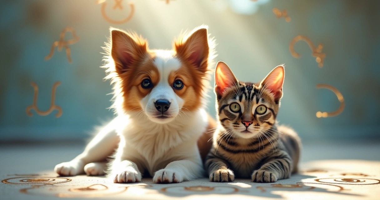 Cachorro e gato com símbolos dos signos zodiacais ao redor 