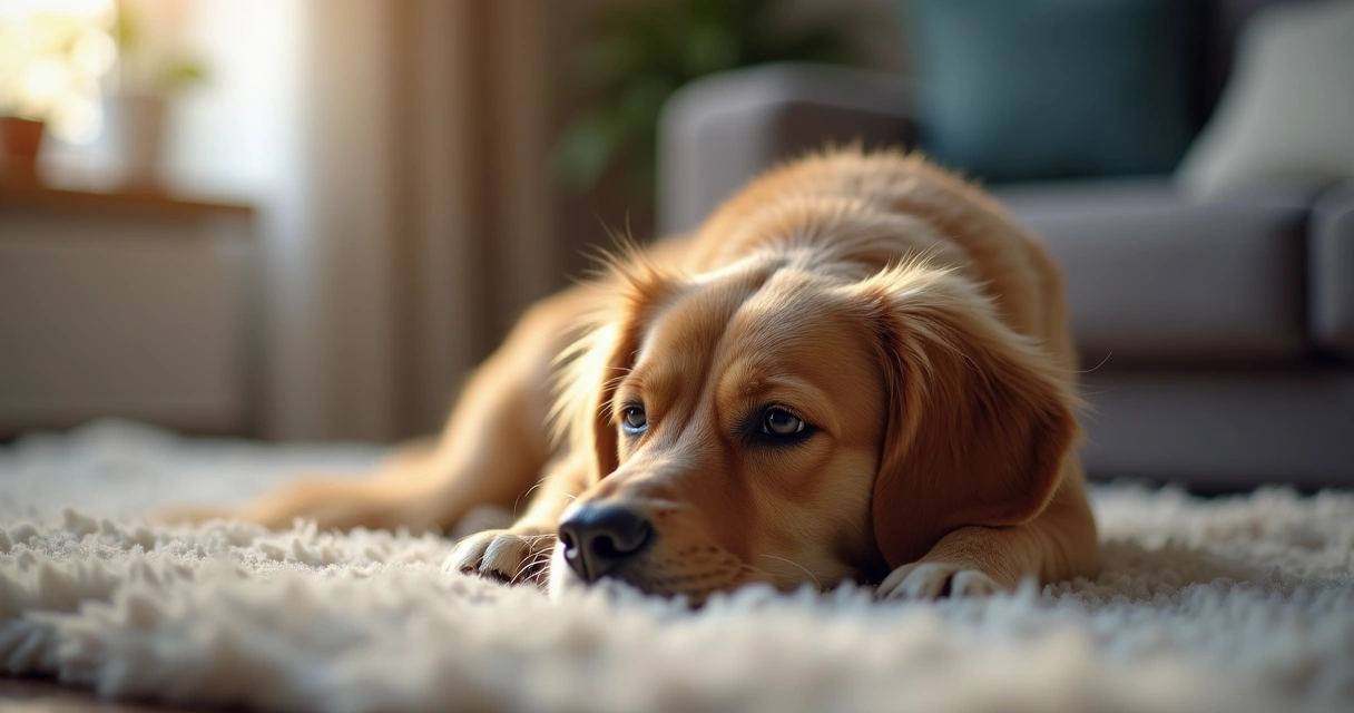 Cachorro deitado com expressão triste, em ambiente interno levemente iluminado 