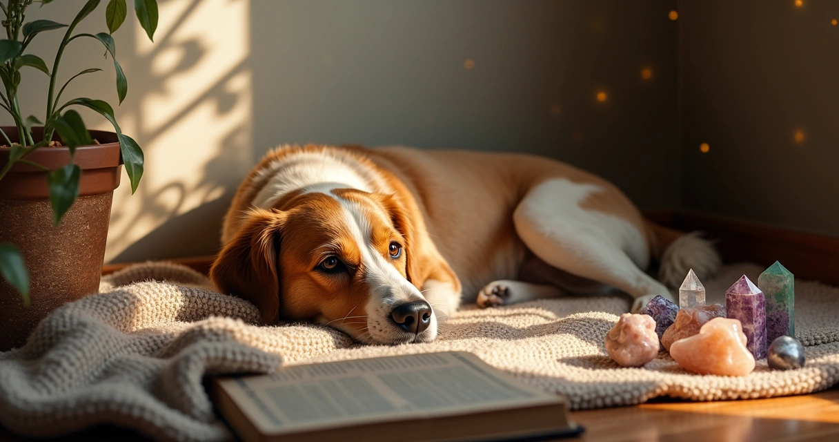 Cachorro deitado sob luz suave, ao lado de cristais coloridos e livro de astrologia 
