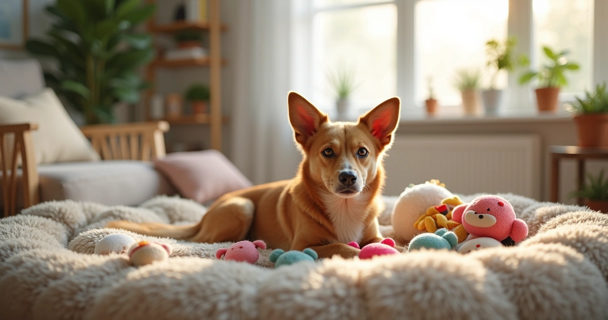 Cão deitado confortavelmente numa cama ao lado de brinquedos, num ambiente doméstico tranquilo 