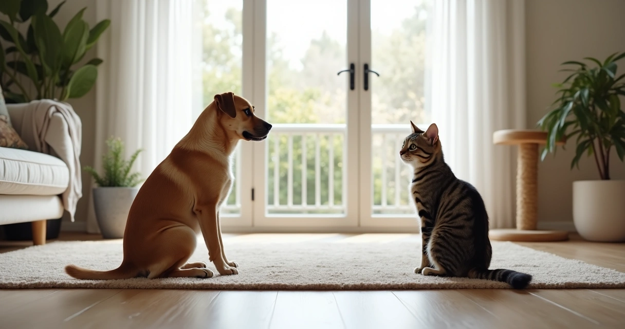 Cachorro e gato observando casa organizada com itens perigosos fora de alcance 