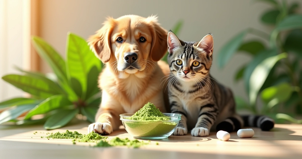 Cachorro e gato ao lado de uma tigela com pó de moringa e cápsulas em fundo claro 
