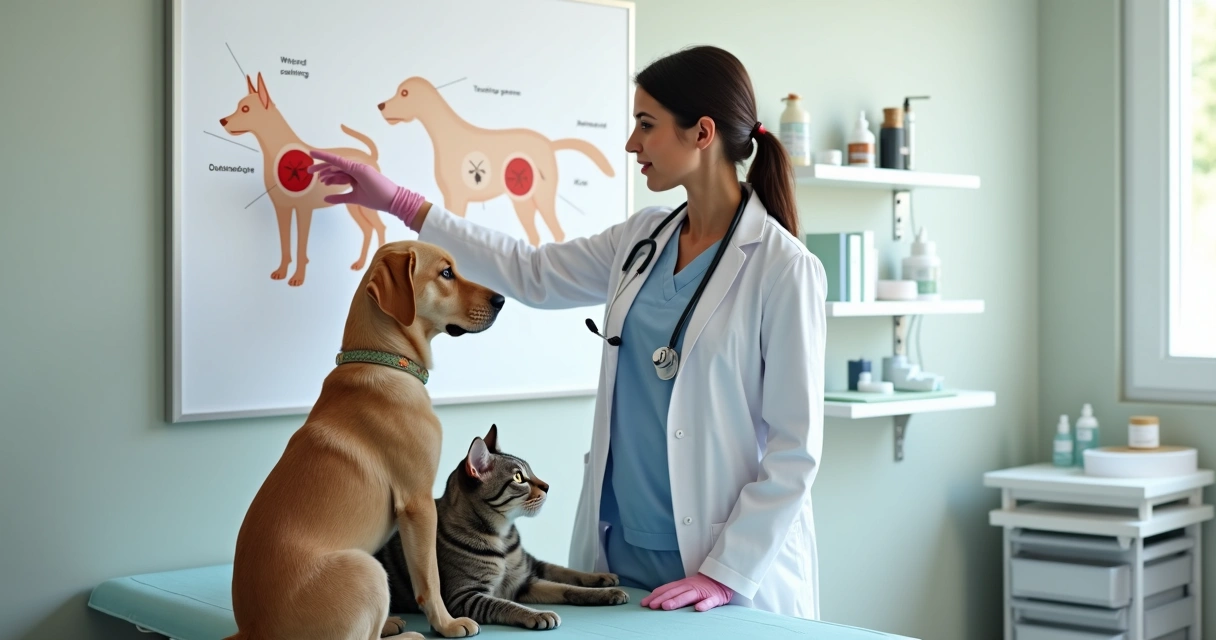 Veterinária mostra áreas com carrapatos em cão e gato durante orientação preventiva 
