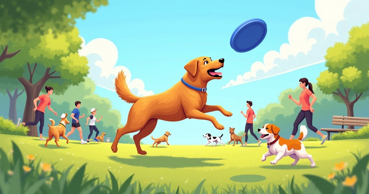 Golden retriever catching a frisbee in a sunny park with people and dogs exercising around.