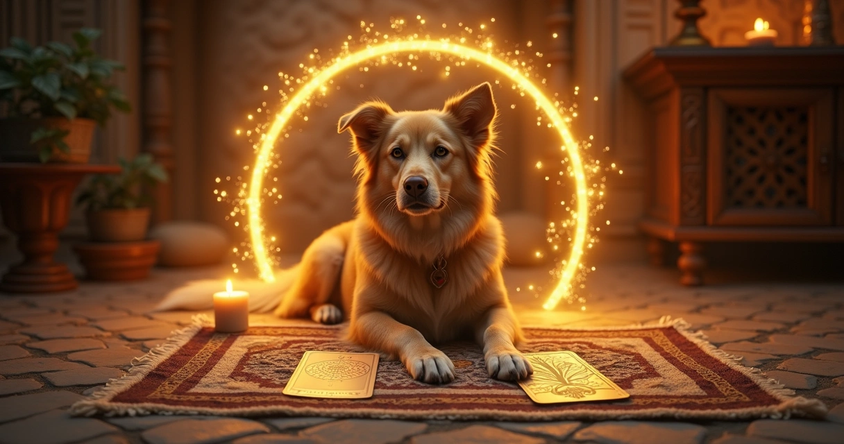 Cachorro deitado com um círculo luminoso ao redor simbolizando proteção espíritual 