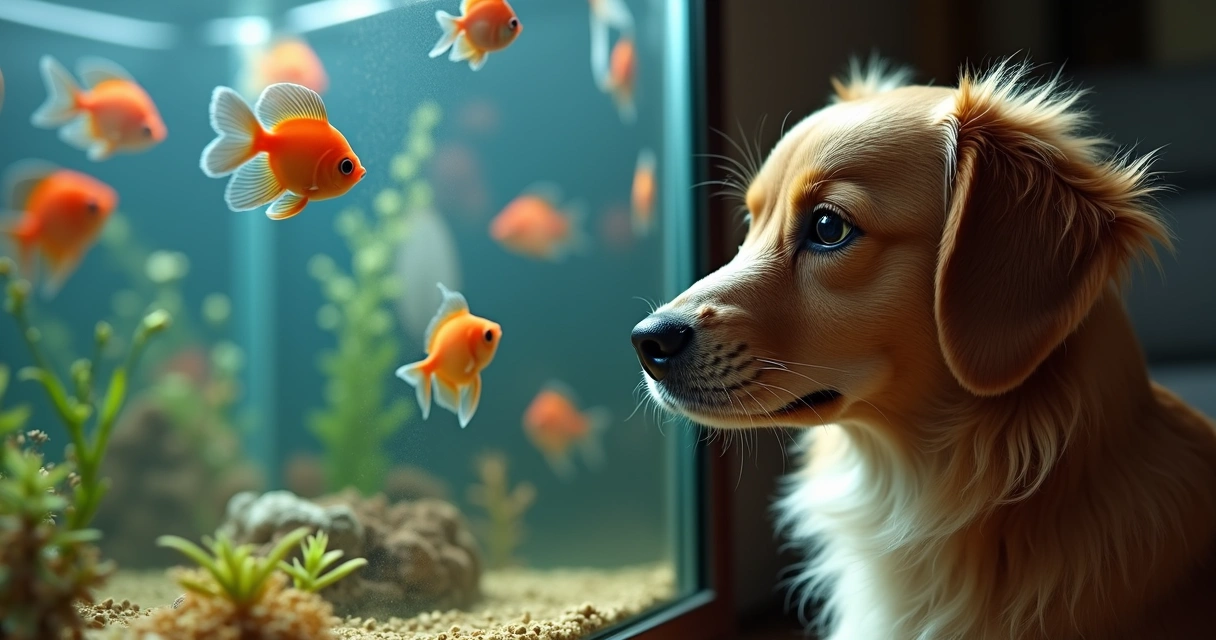 Cão olhando para um aquário com peixes coloridos