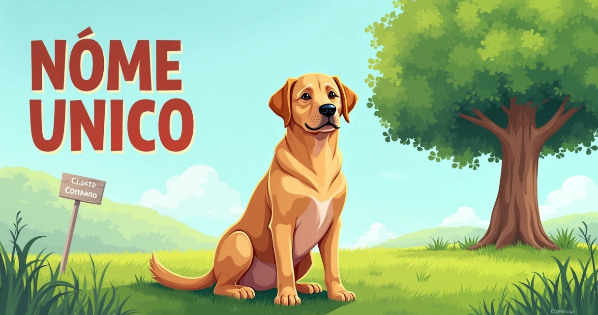 Ilustração de um cachorro Labrador em um gramado, com texto sobre nomes únicos e comandos de adestramento.