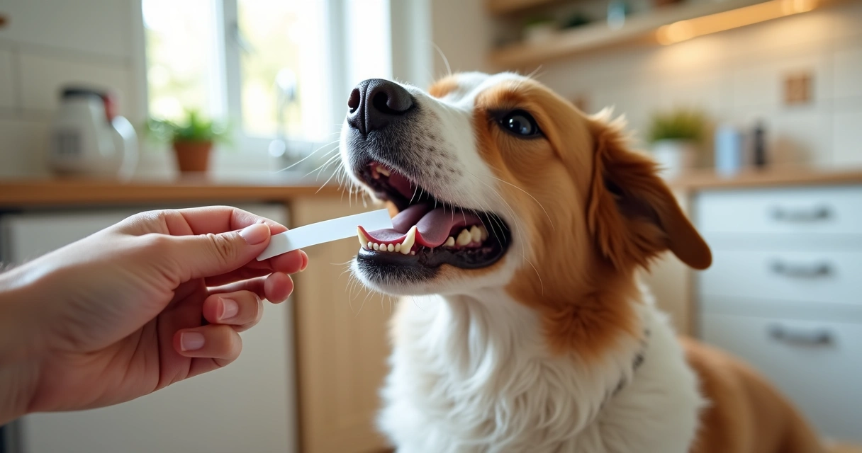 Cão recebendo filme oral em ambiente doméstico 