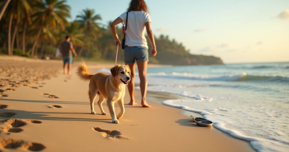 Cachorro com coleira caminhando na praia de Ilhéus 