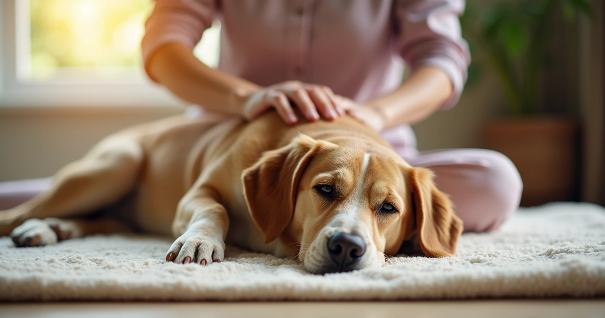 Cachorro deitado recebendo sessão de reiki