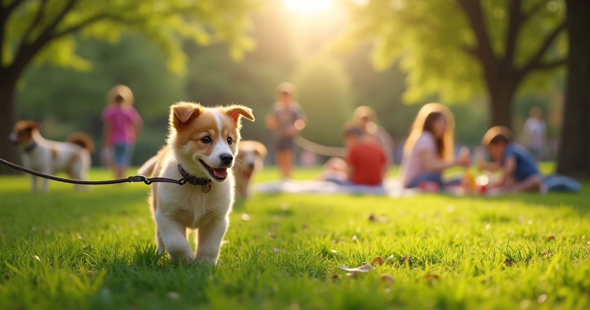 Cachorro a passear num parque relvado com outros cães e pessoas 