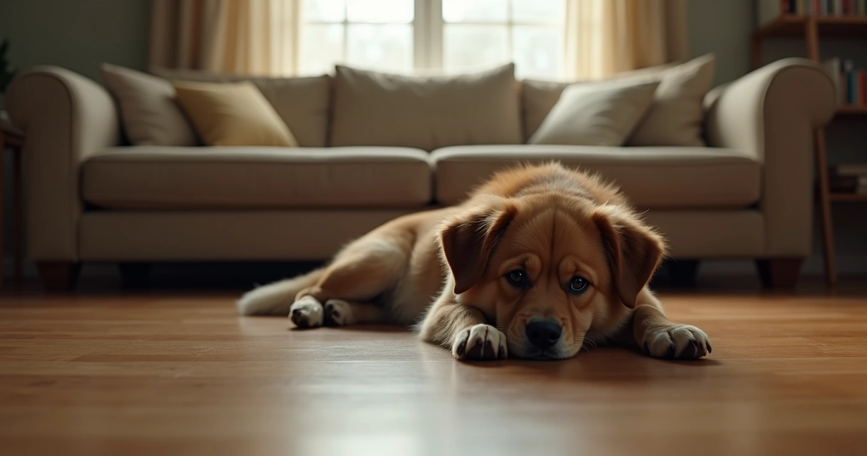 Cão deitado no chão com olhar triste perto de sofá 