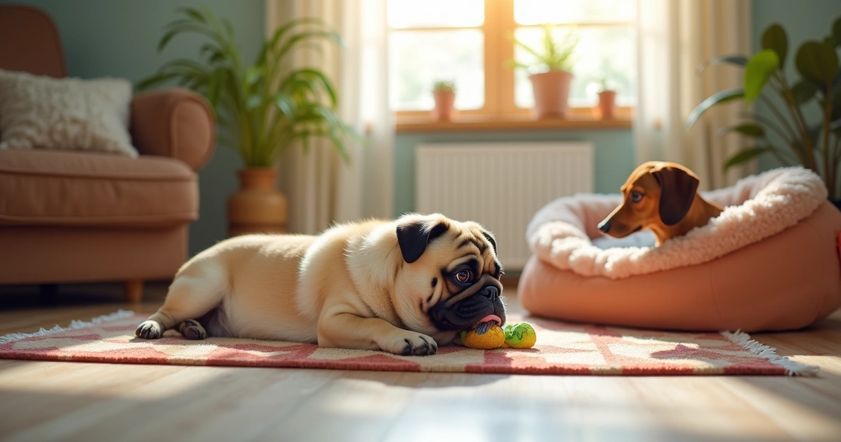 Cenário confortável com um Pug e um Dachshund em uma sala de estar ensolarada e aconchegante.