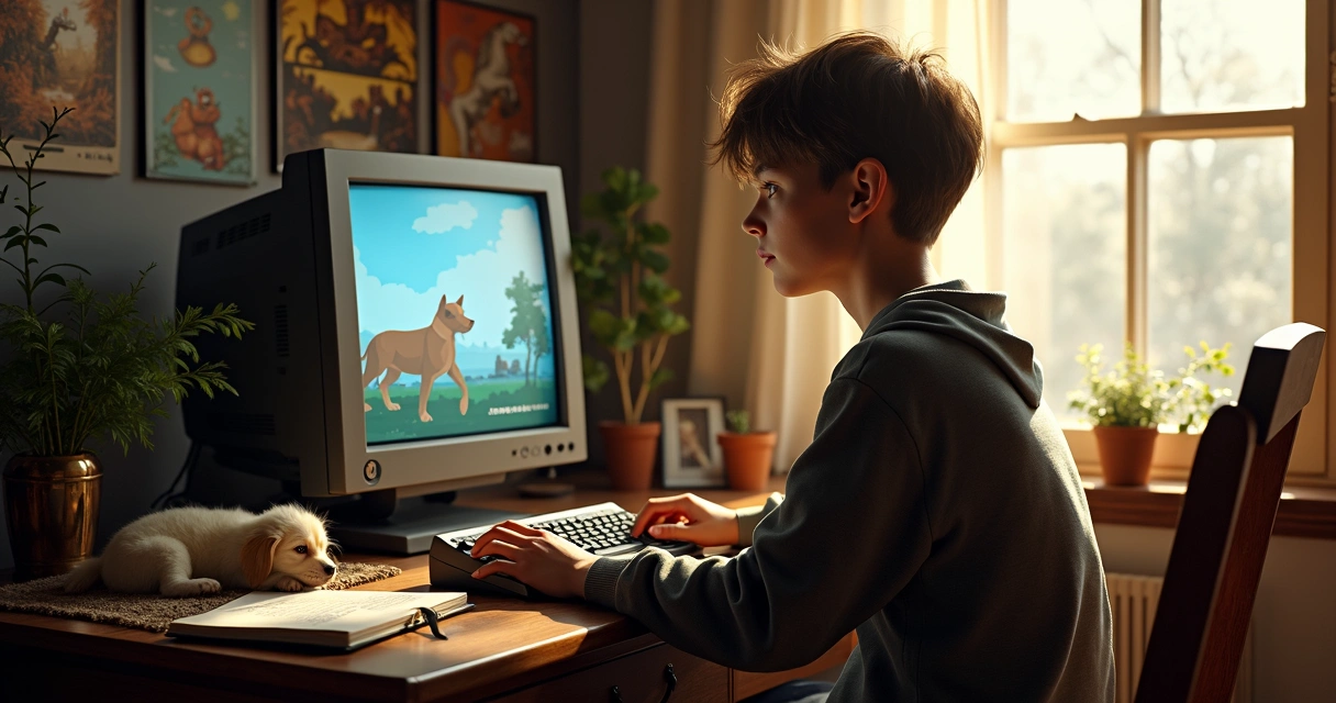 Criança jogando Tibia com sprite de Cachorro na tela