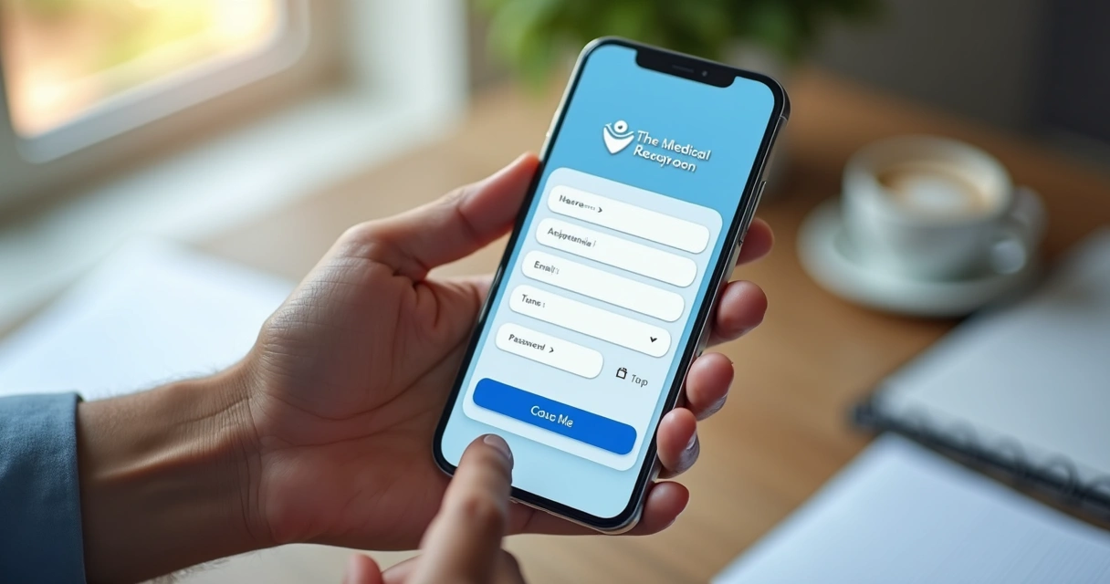 Pessoa preenchendo cadastro em app médico no celular