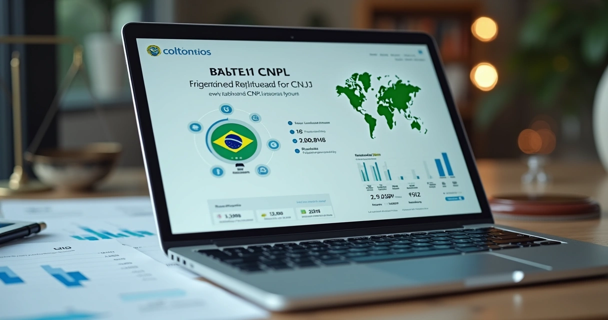 Documento digital com dados de CNPJ, gráficos representando dados fiscais e bandeiras do Brasil e de outro país. 