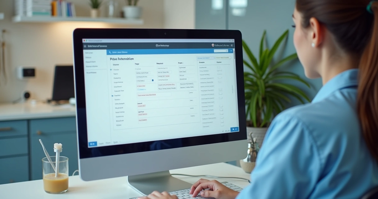 Tela de computador mostrando CRM de clínica com ficha de paciente completamente preenchida 