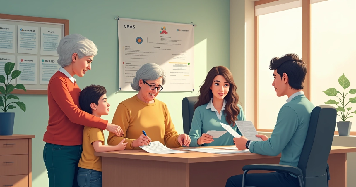 Família apresentando documentos para cadastro no CRAS. 