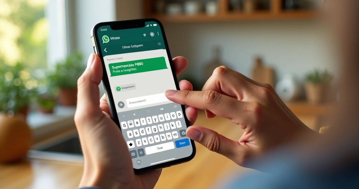 Celular com WhatsApp aberto, mostrando mensagem registrando gasto 