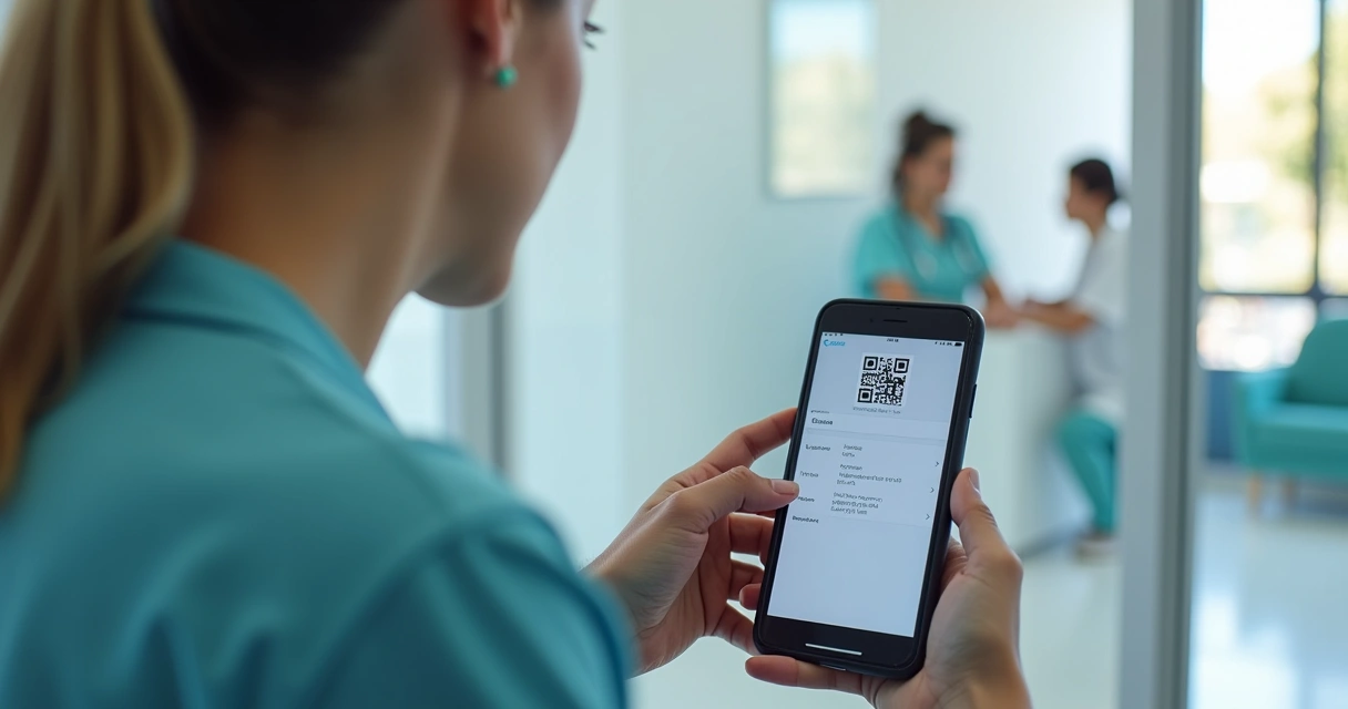 Paciente usando smartphone para preencher cadastro digital na recepção