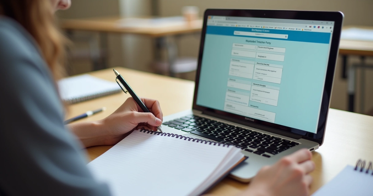 Responsável preenchendo formulário digital de matrícula escolar privada em notebook 