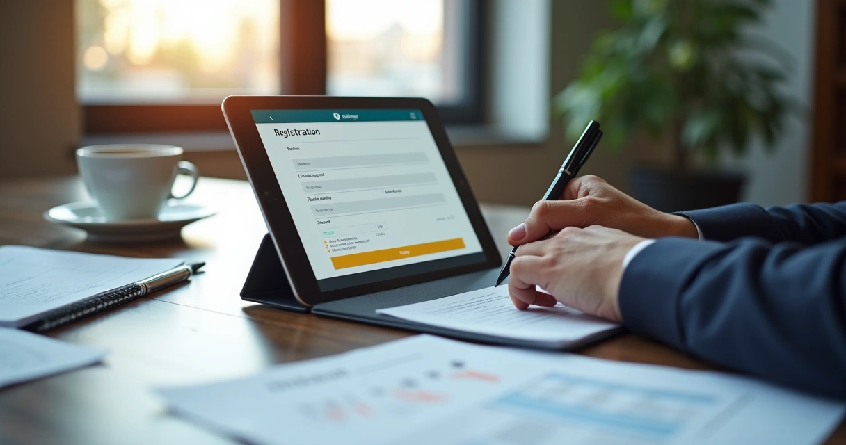 Uma pessoa digitando seus dados em um formulário digital em um tablet sobre uma mesa 