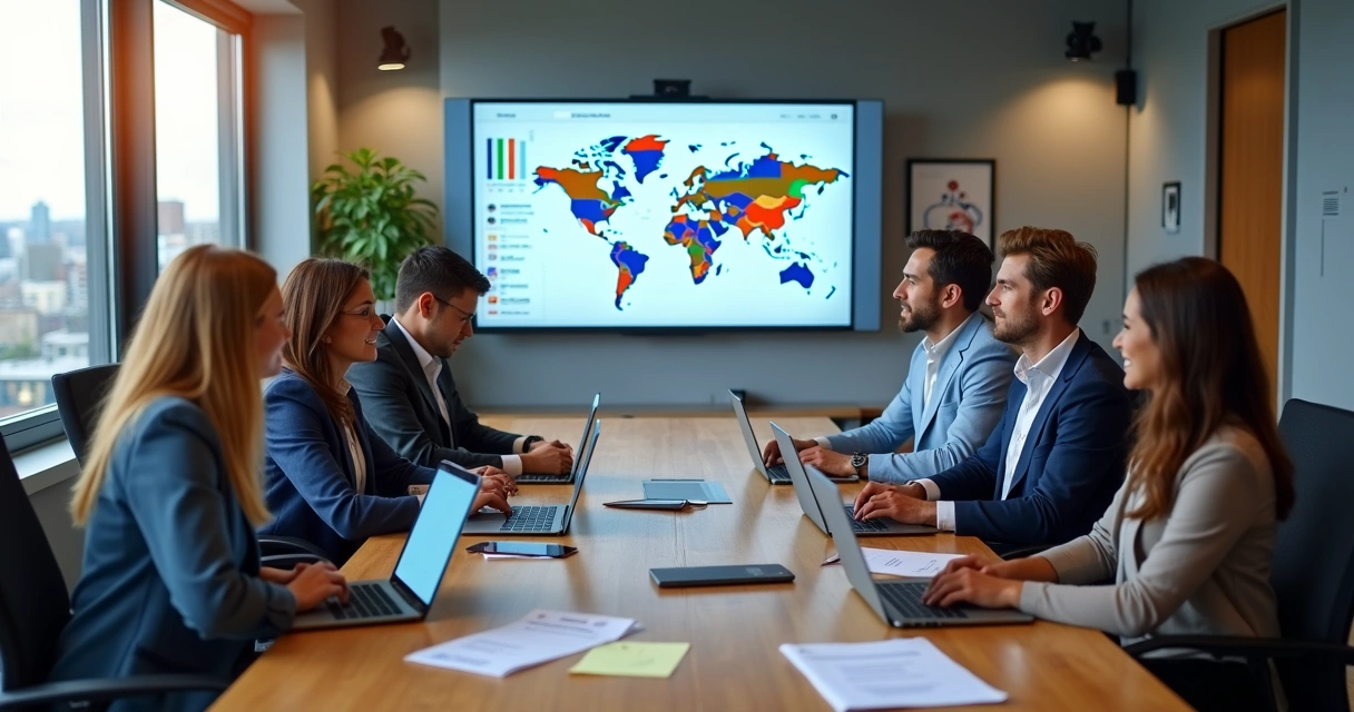 Equipe política analisando cadastro de eleitores em tela grande com mapas e gráficos 