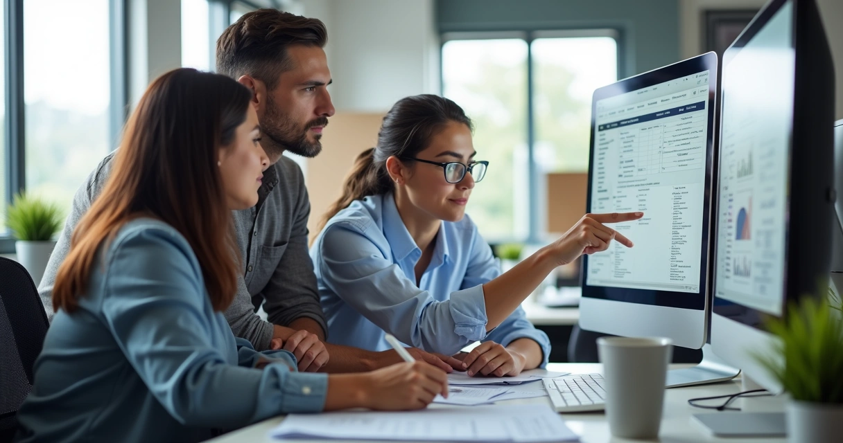 Equipe de escritório revisando informações em tela de computador 