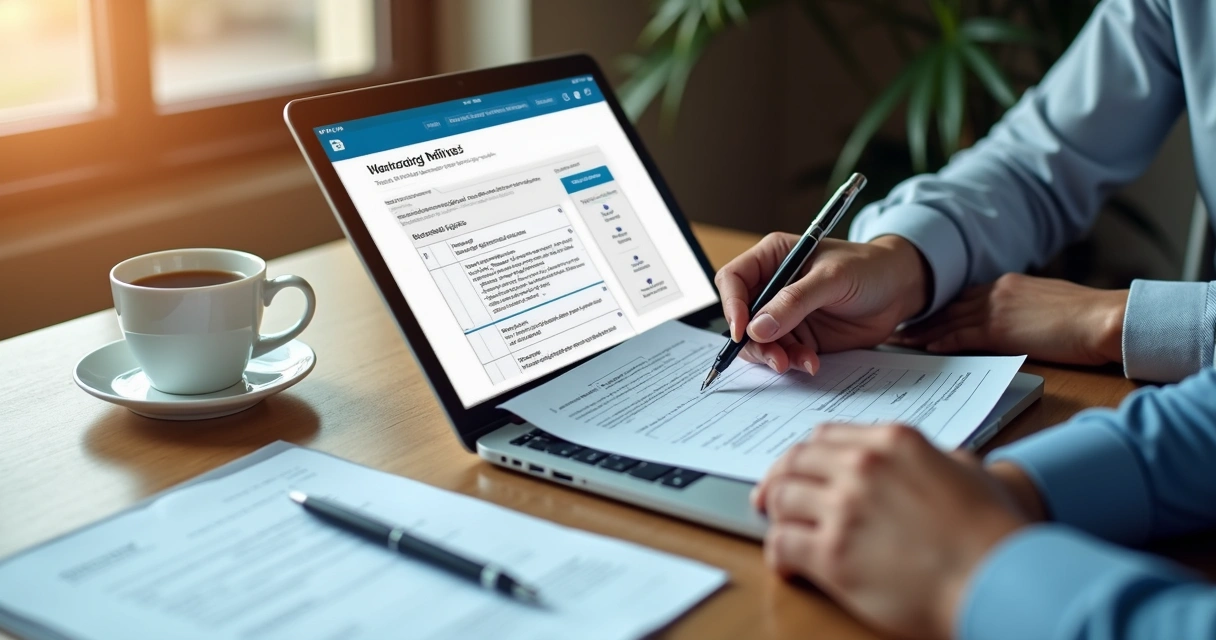 Formulário de cadastro de empresa digitalizado, com documentos e caneta à mesa 
