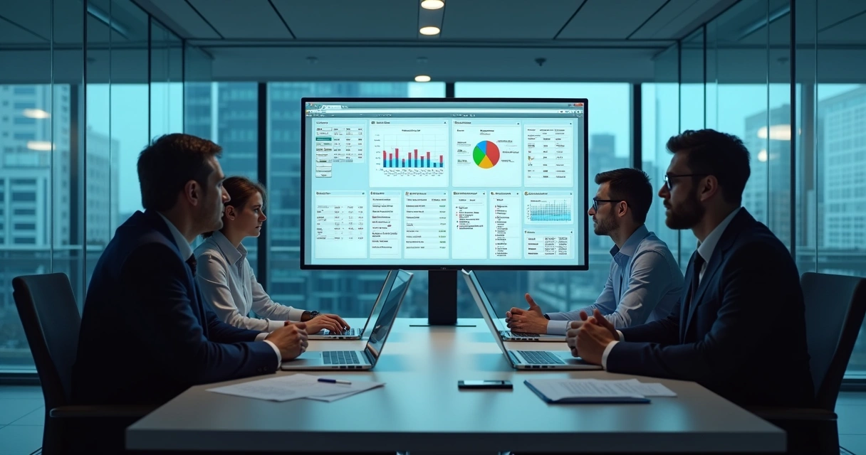 Profissionais revisando cadastro empresarial em sala de reunião