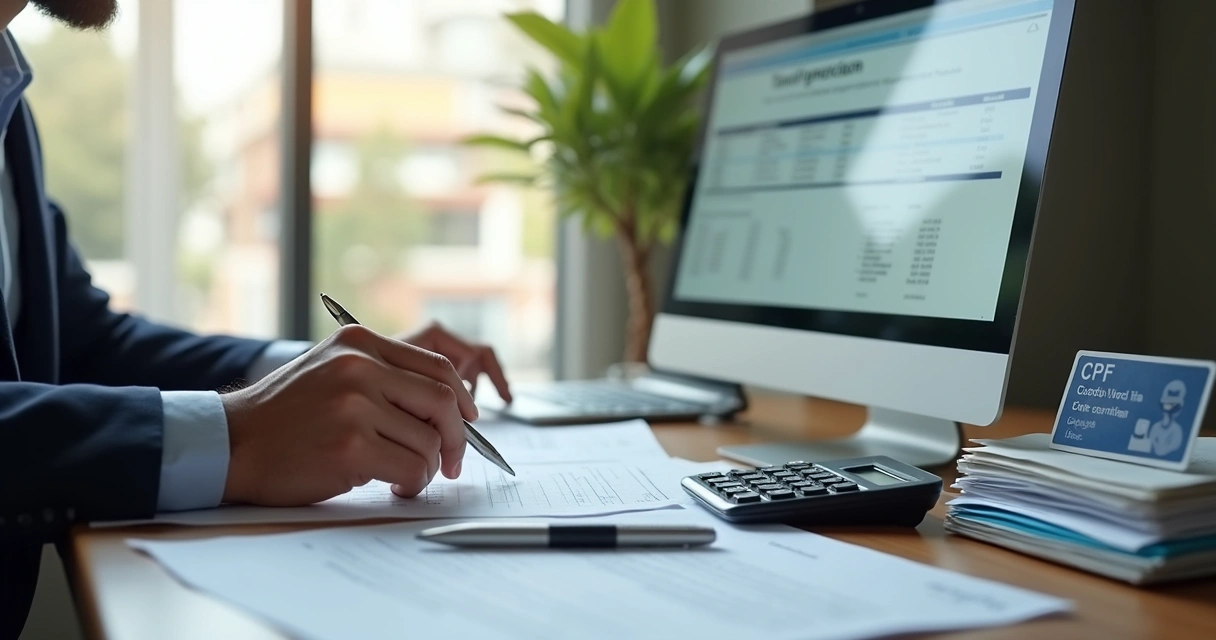Profissional conferindo cadastro fiscal no computador com documentos ao lado 
