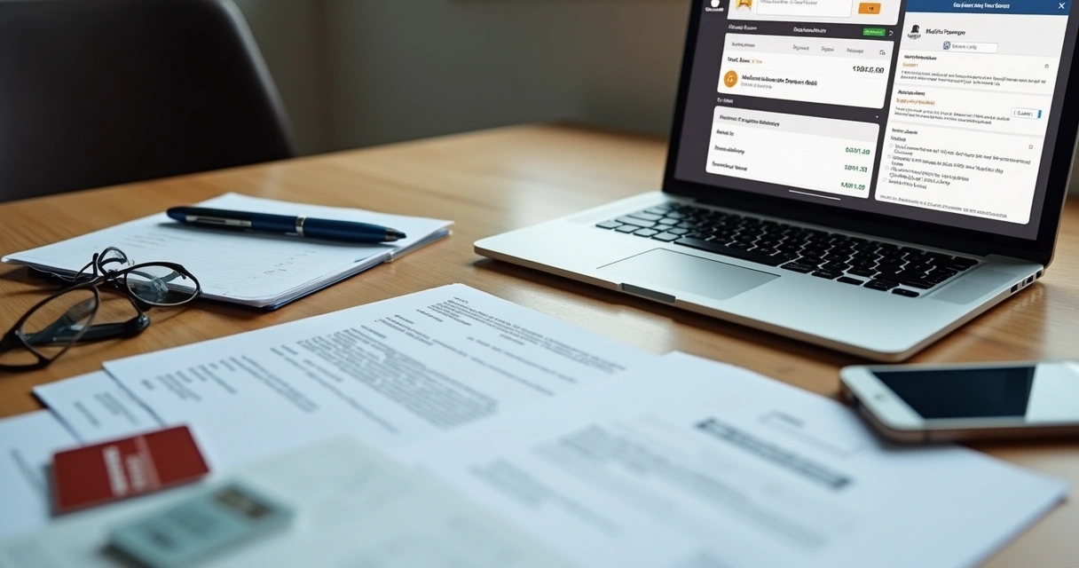 Laptop com tela de aplicativo de marketplace mostrando falha no pagamento, com papéis detalhados ao redor