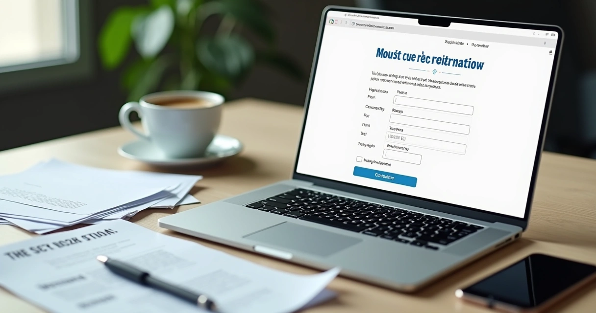 Tela de cadastro MEI em notebook com documentos ao lado