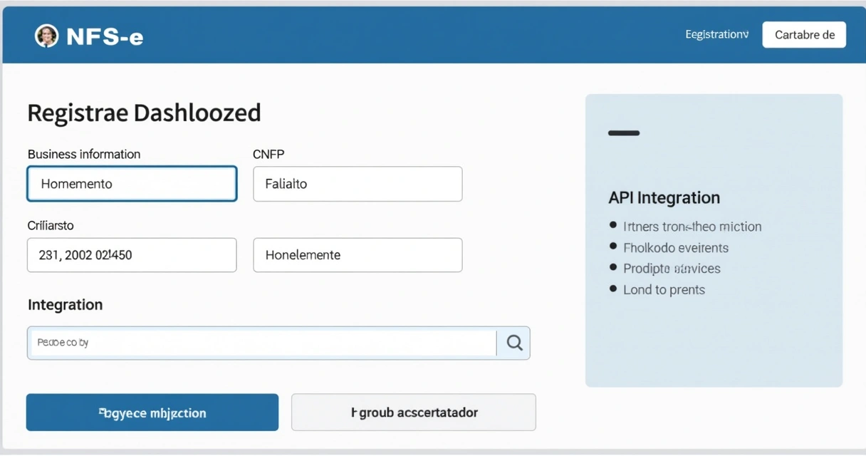 Tela de cadastro em plataforma de emissão de NFS-e com campos de dados empresariais e botão de integração 