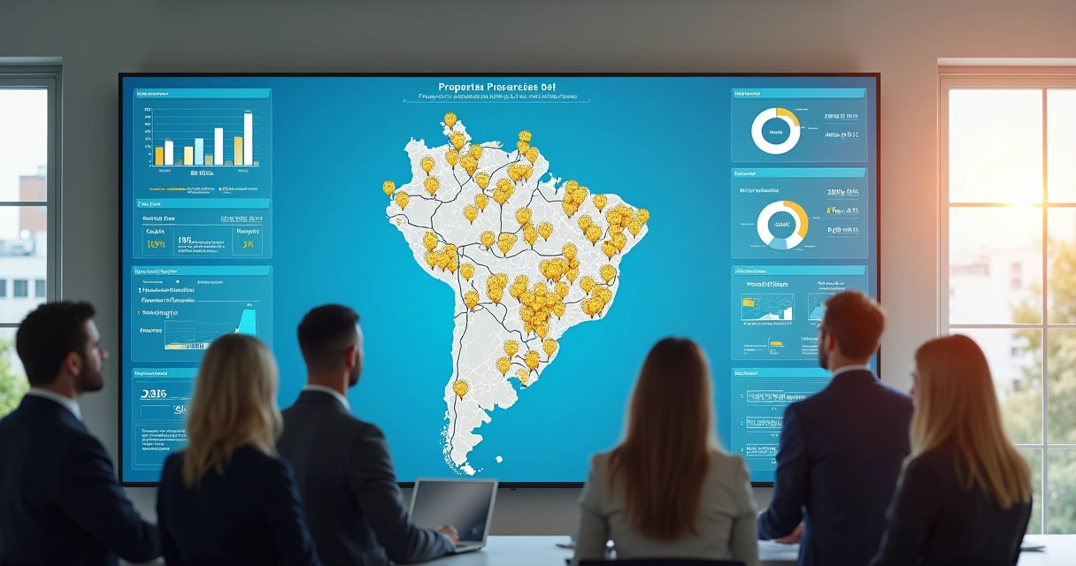 Painel digital de cadastro de imóveis mostrando dados fiscais e mapas sobre imóveis urbanos