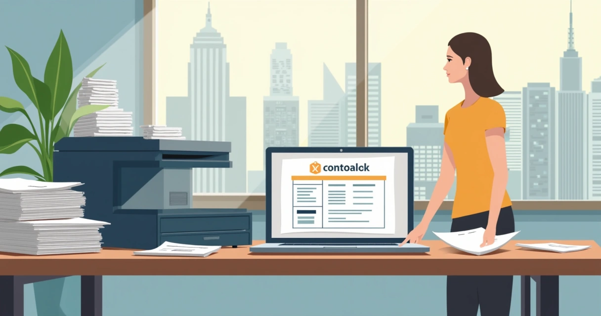 Pessoa digitalizando documentos e organizando papéis para cadastro de obra 