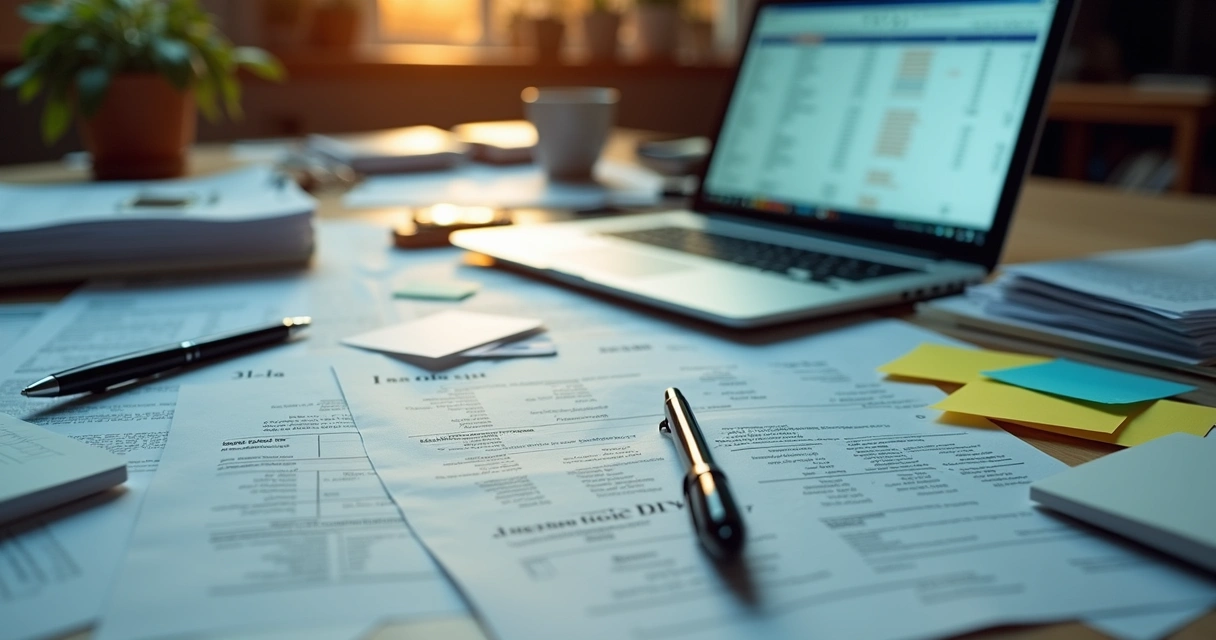 Documentos e anotações desorganizados em uma mesa de escritório 