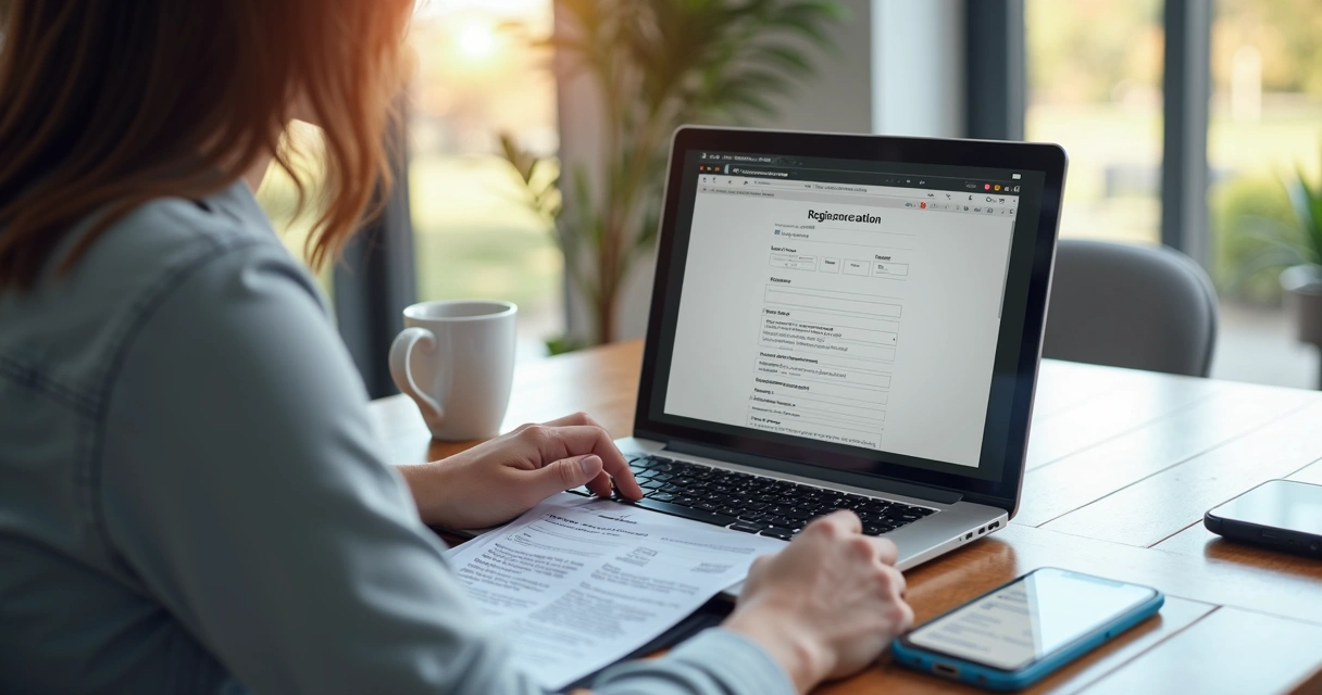 Pessoa preenchendo cadastro online em plataforma de leilão, com documentos ao lado.
