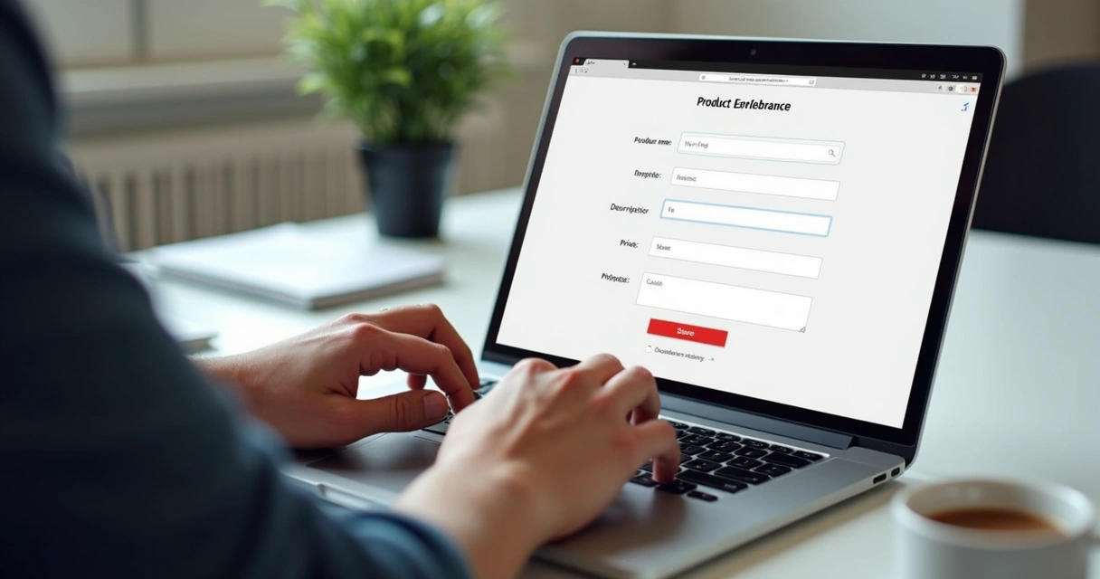 Alguém cadastrando produto em tela de notebook 