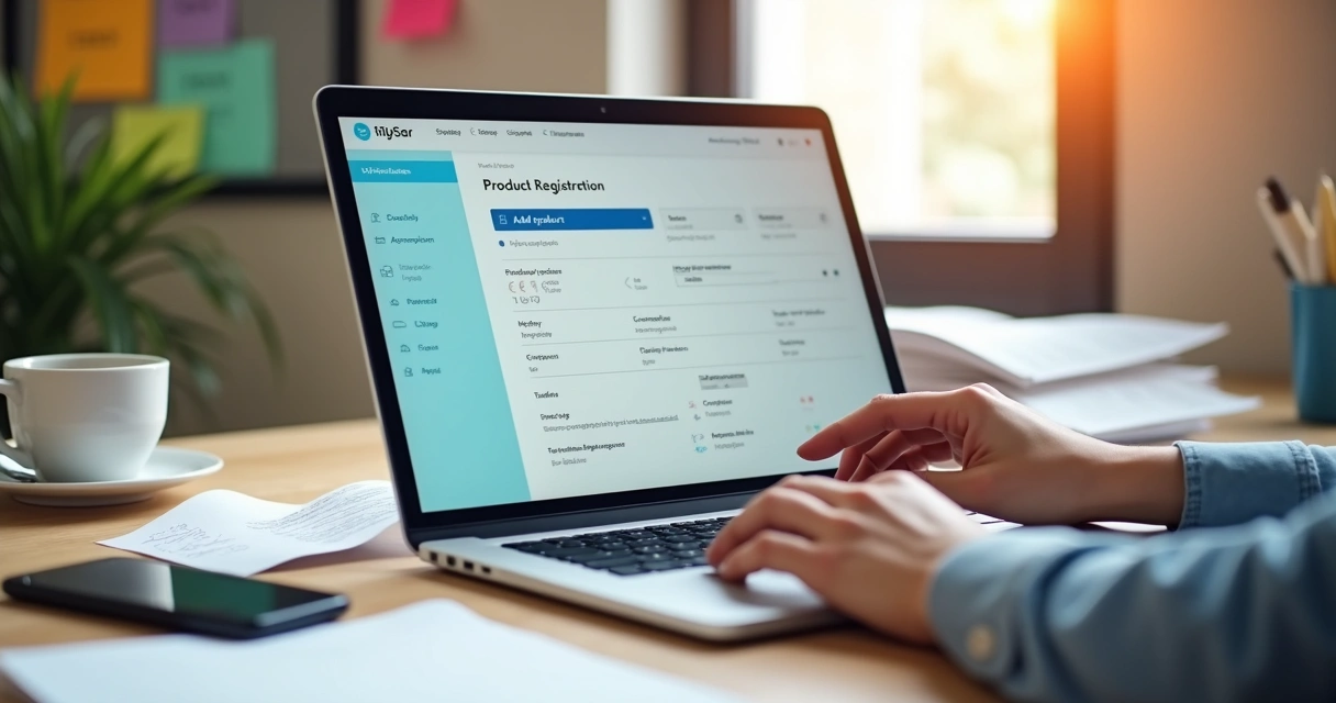 Pessoa cadastrando produtos em sistema digital no notebook