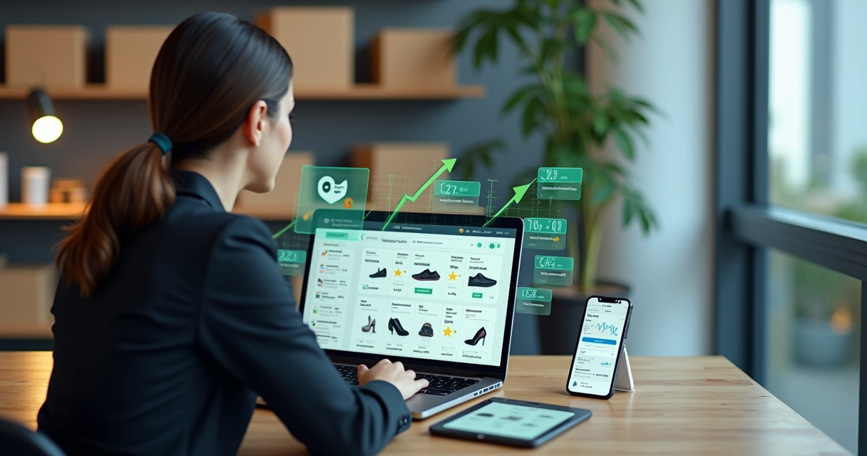 Empresária analisando cadastro de produtos em painel de e-commerce no notebook 